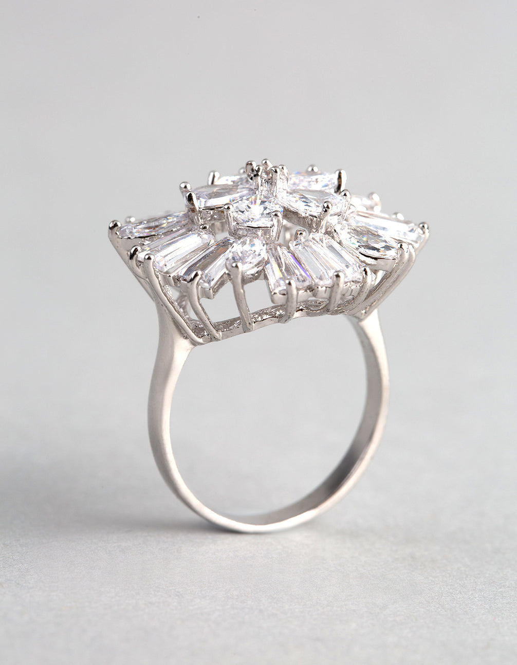 Silver Cubic Zirconia Statement Flower Burst Ring