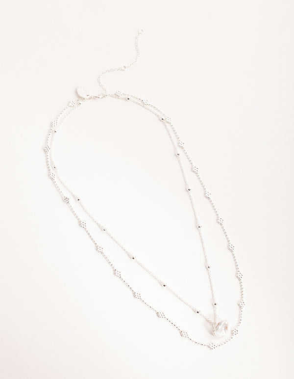 Silver Plated Mini Flower Ball & Pearl Drop Necklace