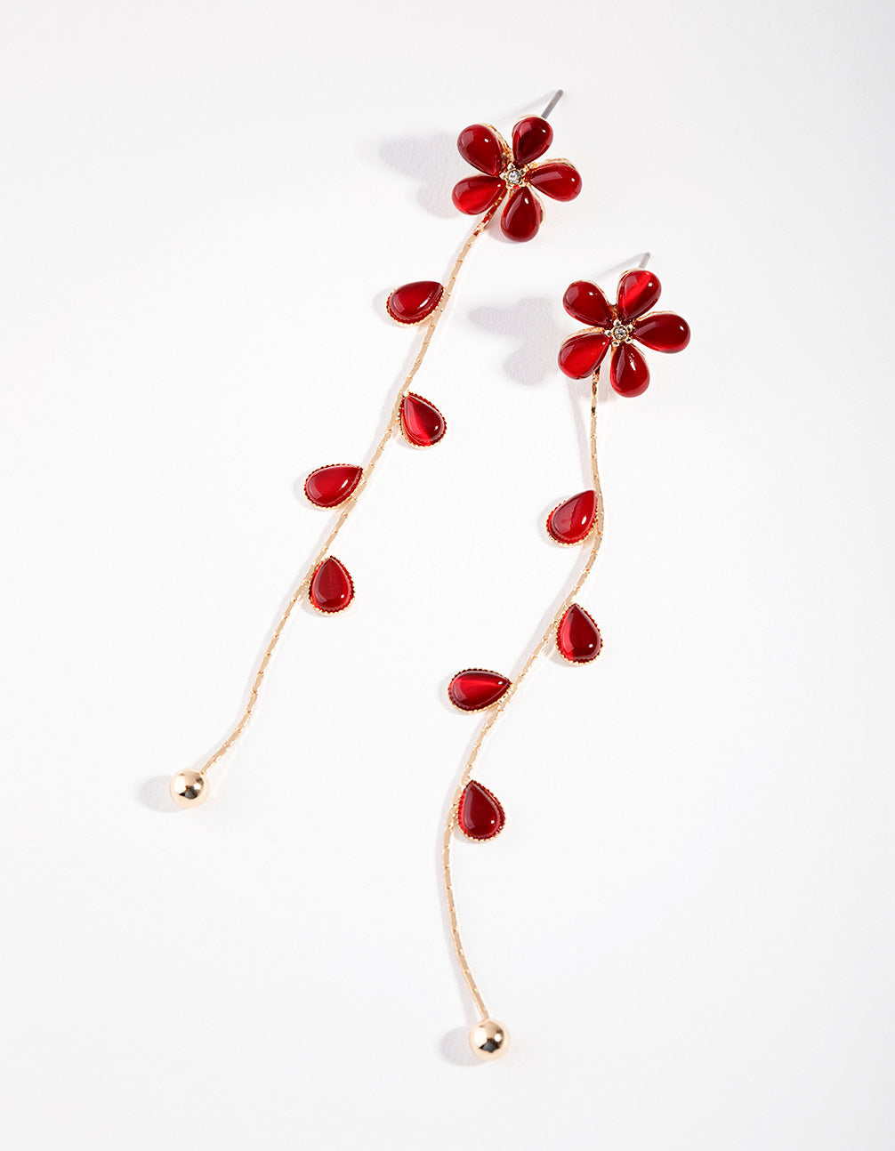 Gold & Red Flower Vine Drape Earrings