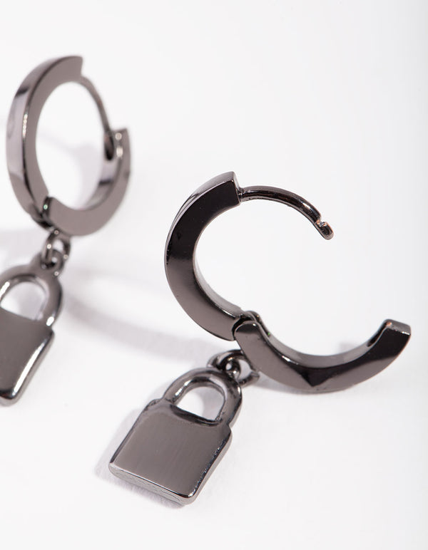 Gun Metal Padlock Huggie Earrings