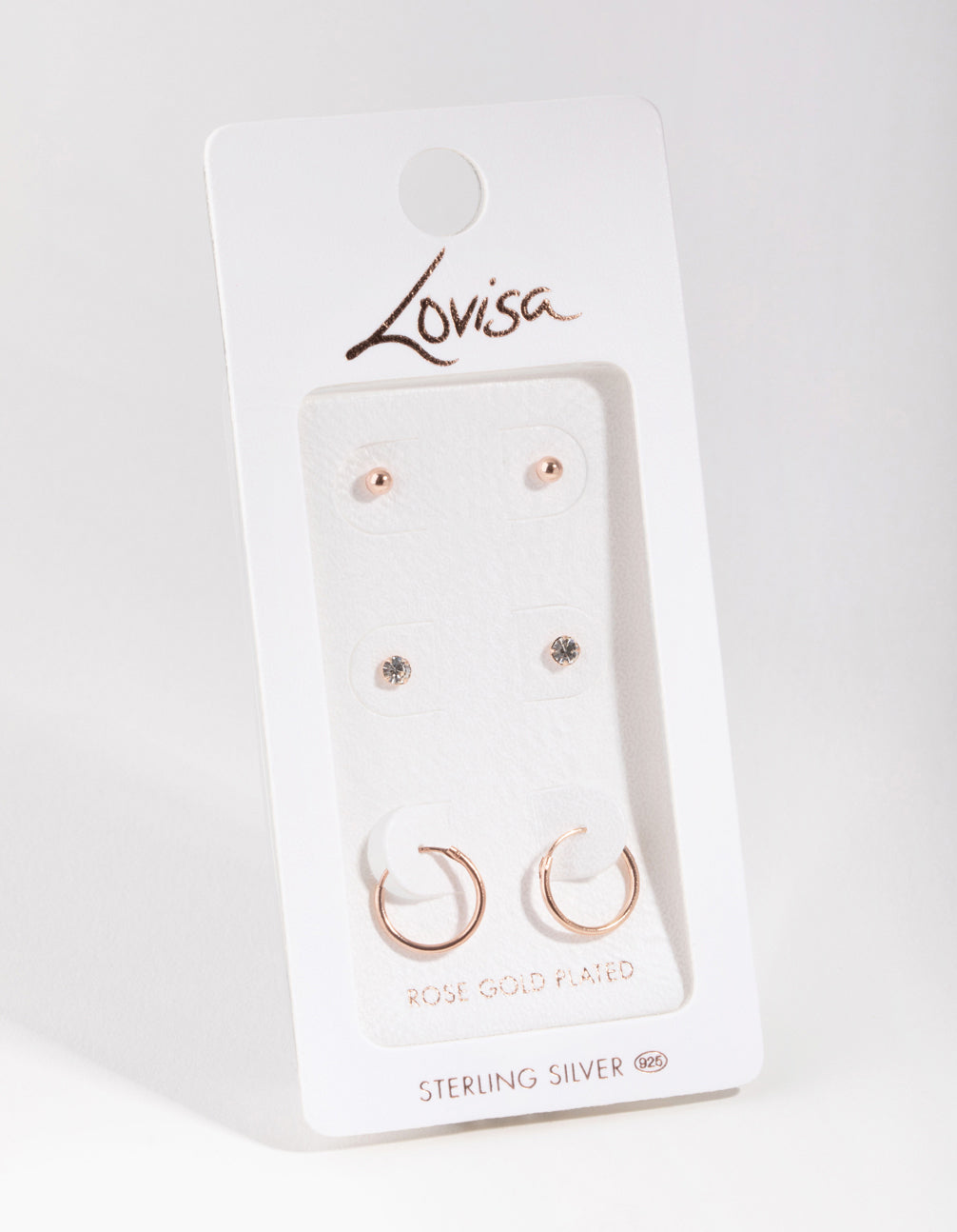 Rose Gold Plated Sterling Silver Cubic Zirconia Ball Stud & Hoop Earrings