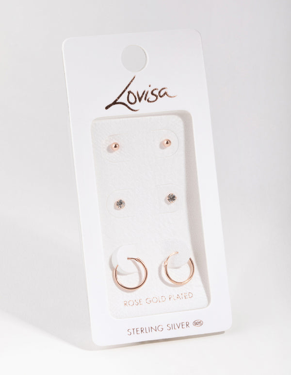 Rose Gold Plated Sterling Silver Cubic Zirconia Ball Stud & Hoop Earrings