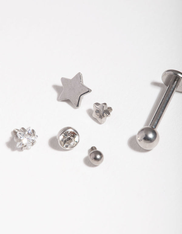 Rhodium Surgical Steel Diamante Star Flat Back 6-Pack