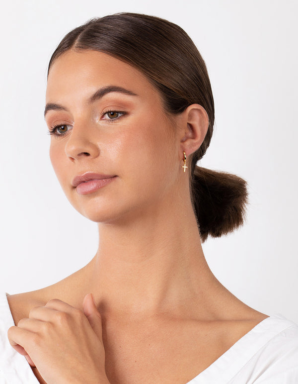 Gold Plated Sterling Silver Cubic Zirconia Cross Huggie Earrings