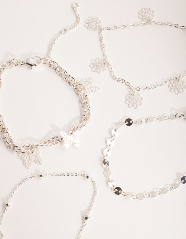 Silver Flower & Butterfly Bracelet & Anklet 4-Pack