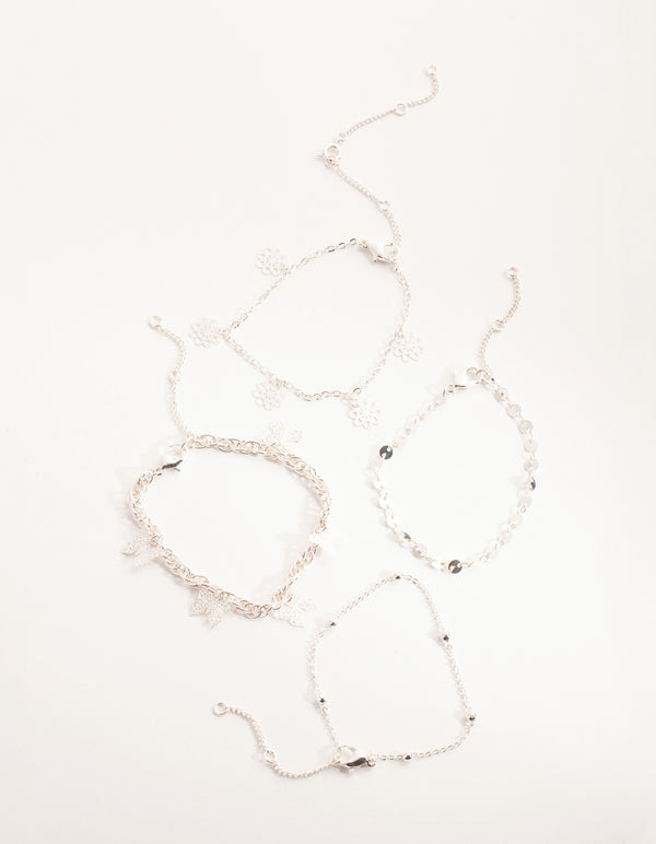 Silver Flower & Butterfly Bracelet & Anklet 4-Pack