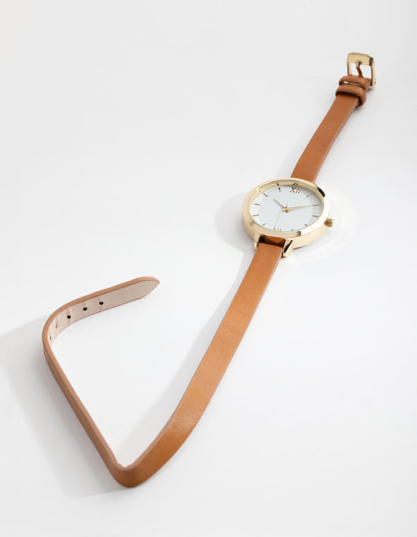 Tan Simple Face PU-Strap Watch