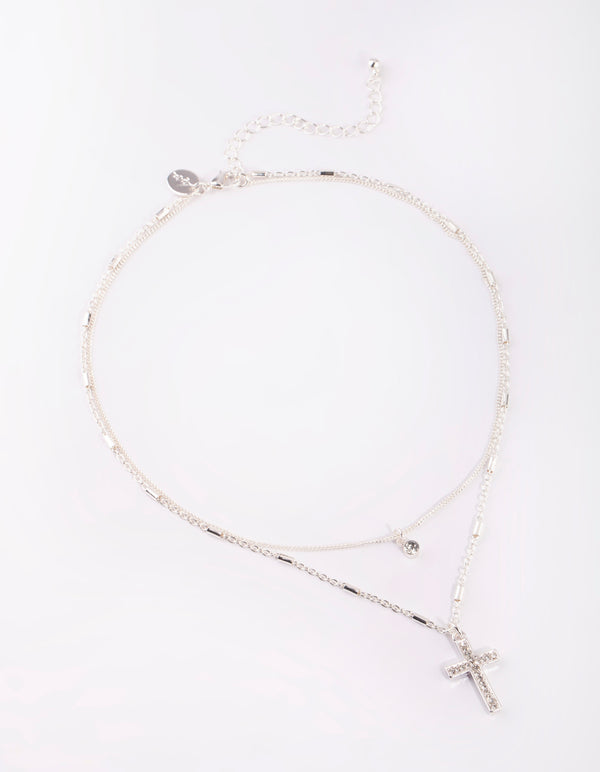 Silver Short Diamante Cross 2-Row Necklace