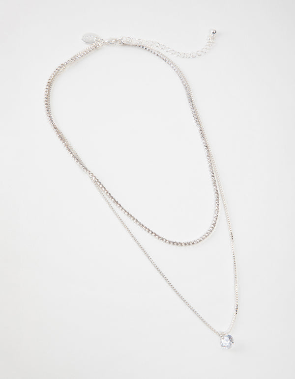 Silver Short 2-Row Cupchain Diamante Necklace