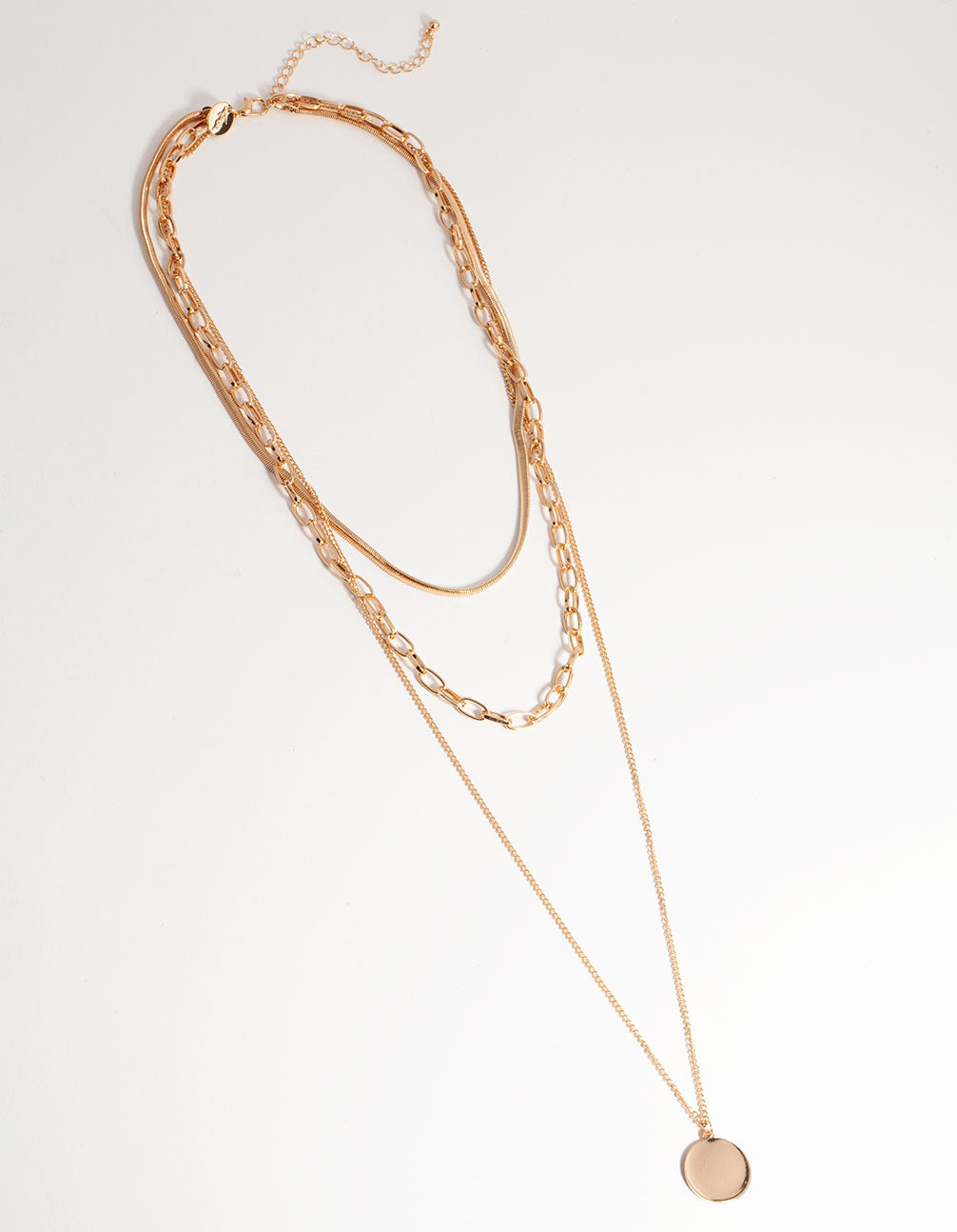 Gold Long Circle Disk 3-Row Necklace
