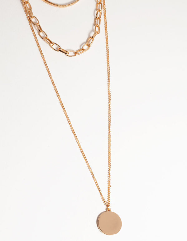 Gold Long Circle Disk 3-Row Necklace