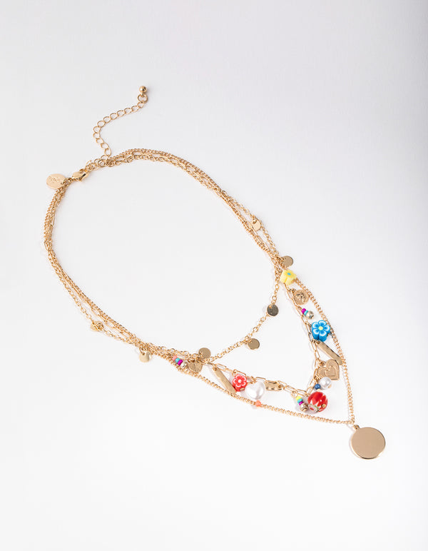 Gold Charm Disc 3-Row Necklace