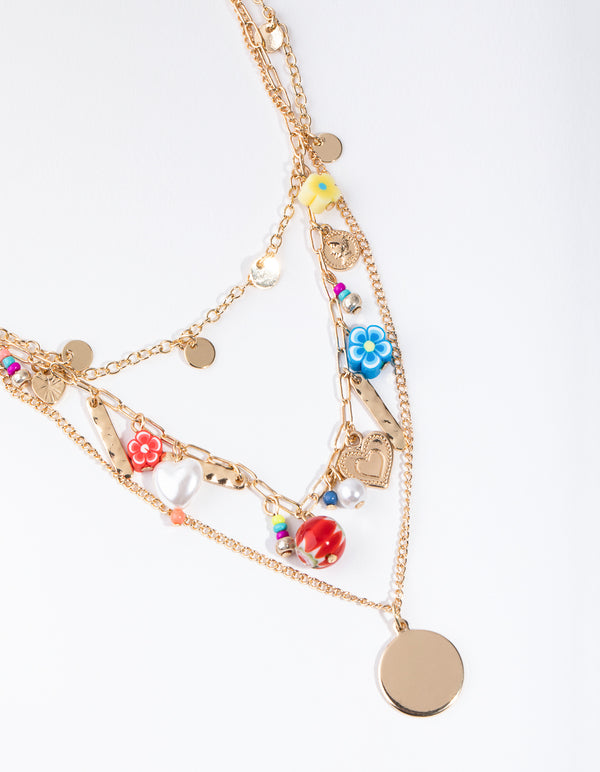 Gold Charm Disc 3-Row Necklace