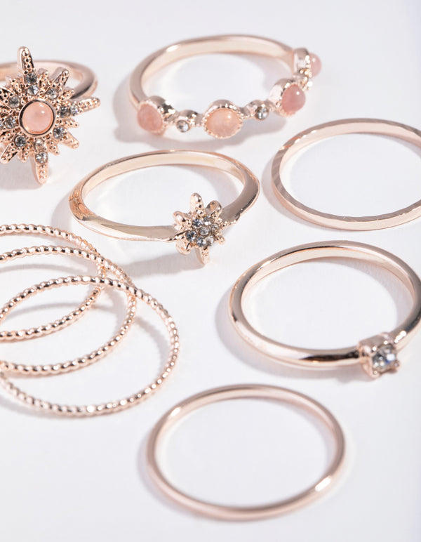 Rose-Gold Semi-Precious Rose-Quartz 9-Pack Rings