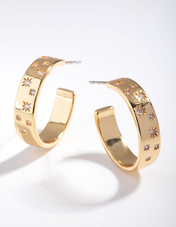 Gold Plated Diamante Star Hoop Earrings