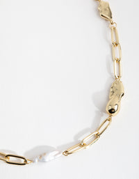 Gold Plated Rectangle Link Freshwater Pearl Necklace - link has visual effect only