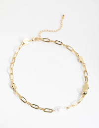 Gold Plated Rectangle Link Freshwater Pearl Necklace - link has visual effect only
