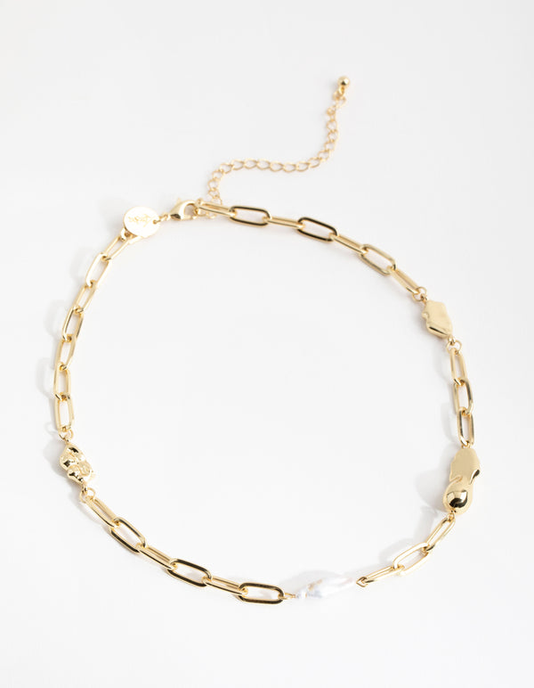Gold Plated Rectangle Link Freshwater Pearl Necklace