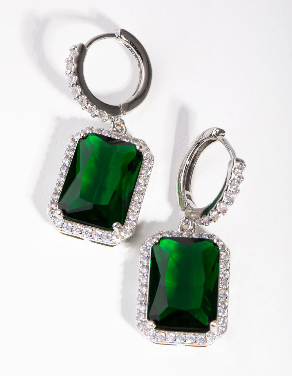 Silver Diamond Simulant Emerald Rectangle Huggie Earrings