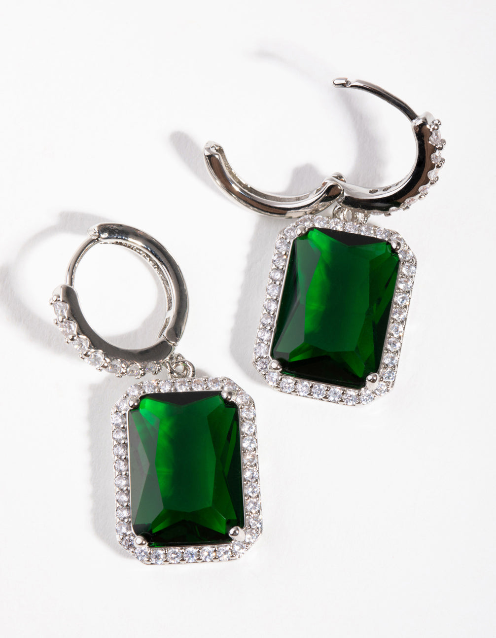 Silver Diamond Simulant Emerald Rectangle Huggie Earrings