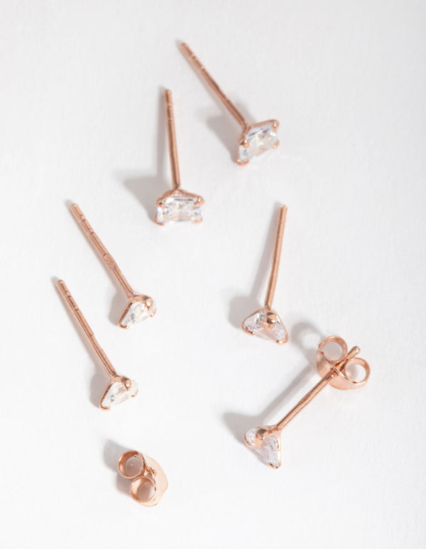 Sterling Silver Rose Gold Statement Cubic Zirconia Stud Pack Earring
