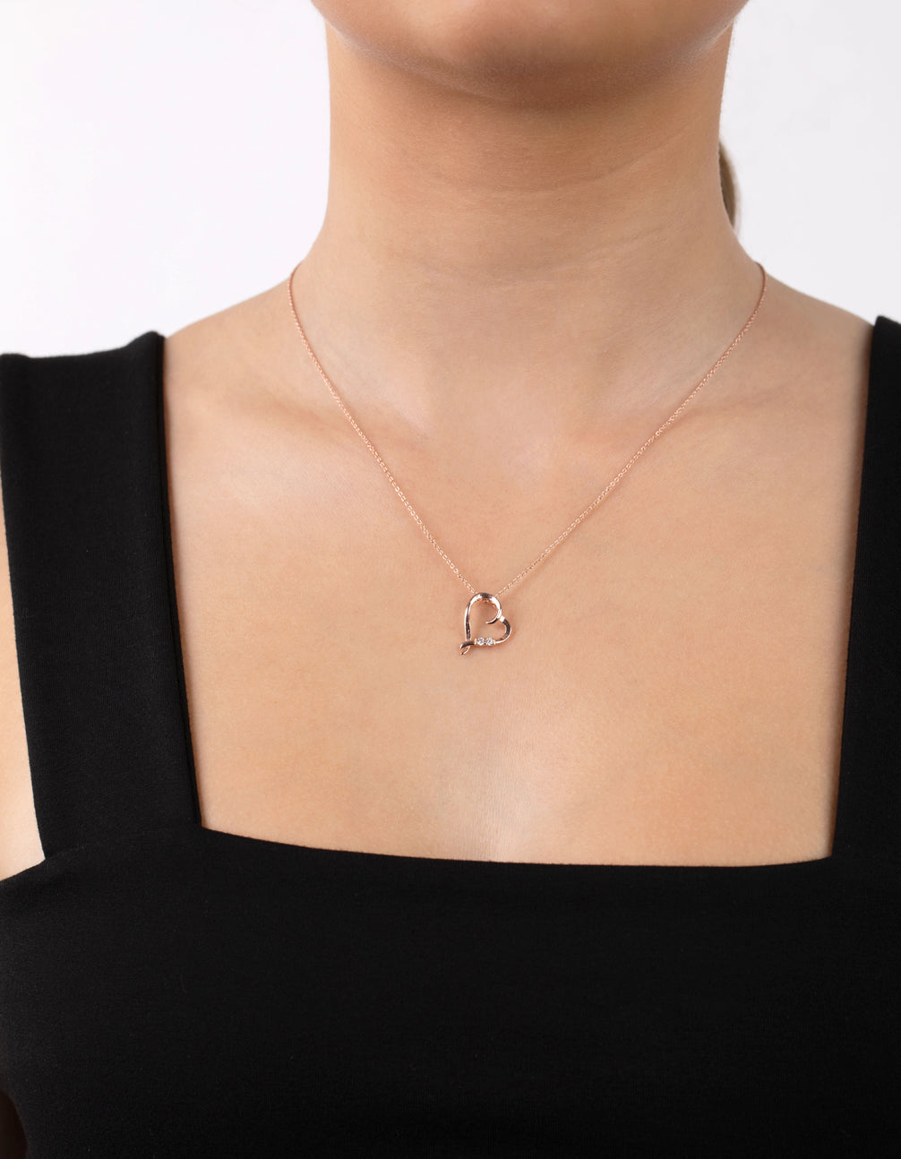 Sterling Silver Rose Gold Cubic Zirconia Open Heart Necklace