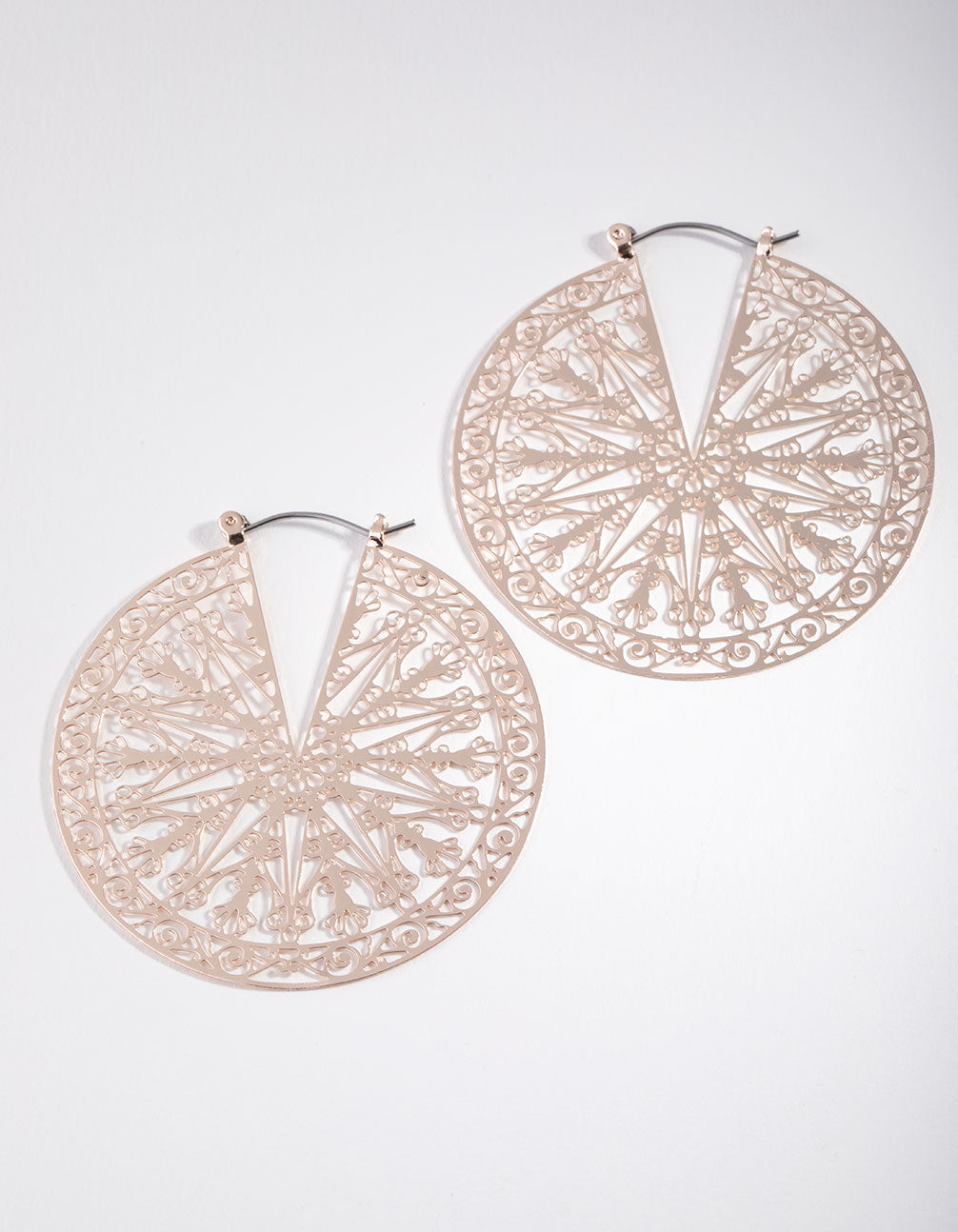 Rose Gold Filigree Disc Hoop Earrings