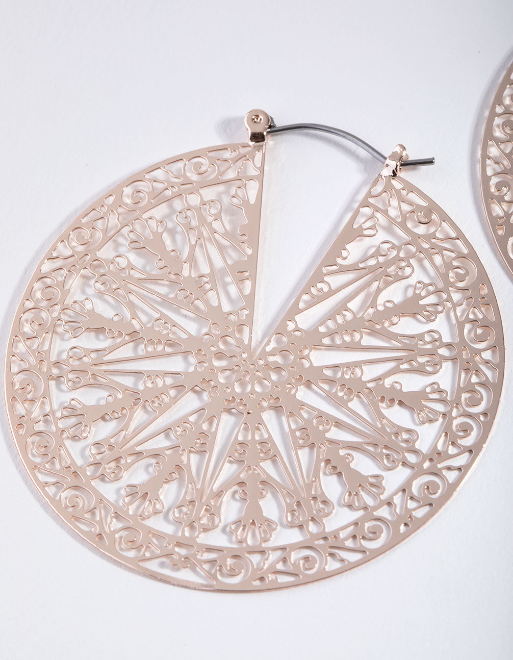 Rose Gold Filigree Disc Hoop Earrings