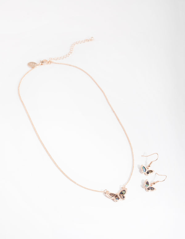 Rose Gold Marble Butterfly Earring & Necklace Set