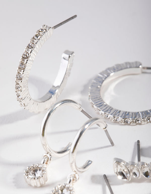 Silver Plain Diamante Stud Earring 8-Pack