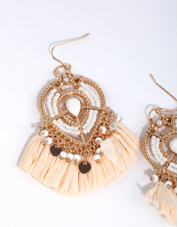 Gold Statement Raffia Fan Drop Earrings