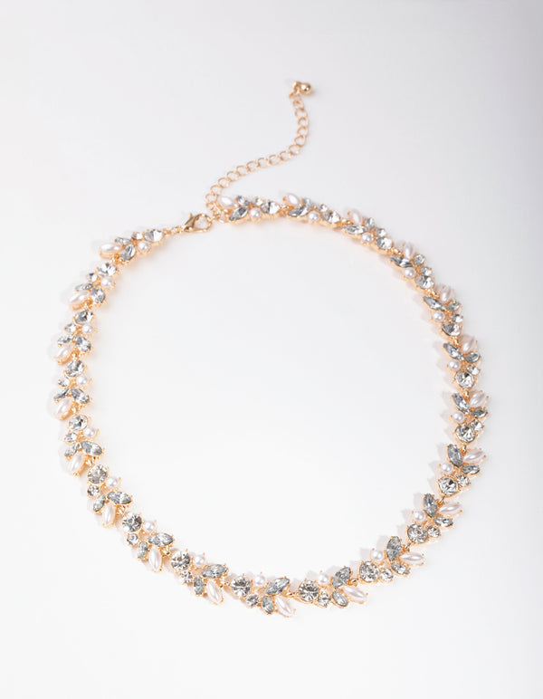 Gold Diamante Pearl Leaf Necklace