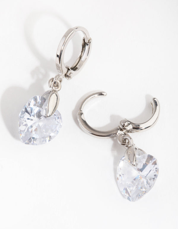 Silver Diamond Simulant Heart Huggie Earrings