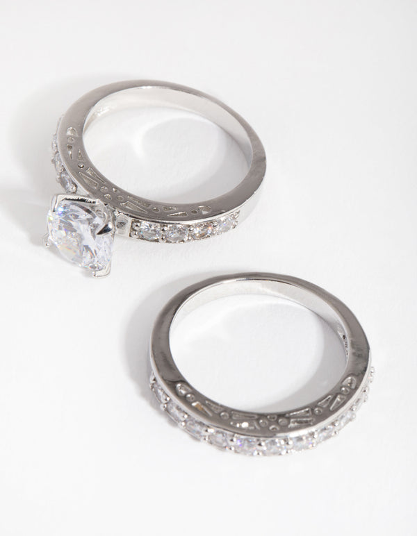 Silver Diamond Simulant Engagement & Wedding Pack Rings