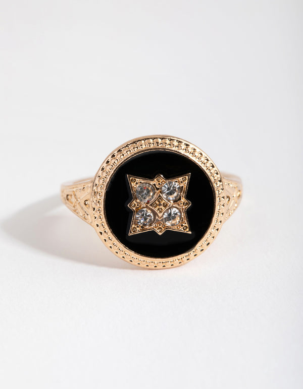 Gold Black & Stone Signet Ring