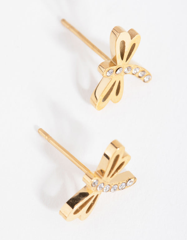 24 Carat Gold Plated Titanium Dragonfly Stud Earrings