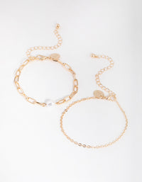 Gold Link Chain Pearl Bracelet Pack - link has visual effect only