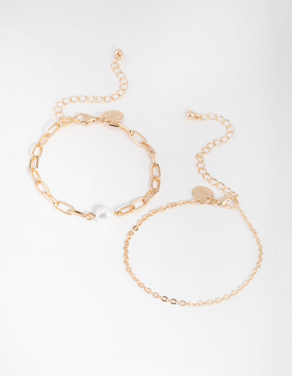 Gold Link Chain Pearl Bracelet Pack