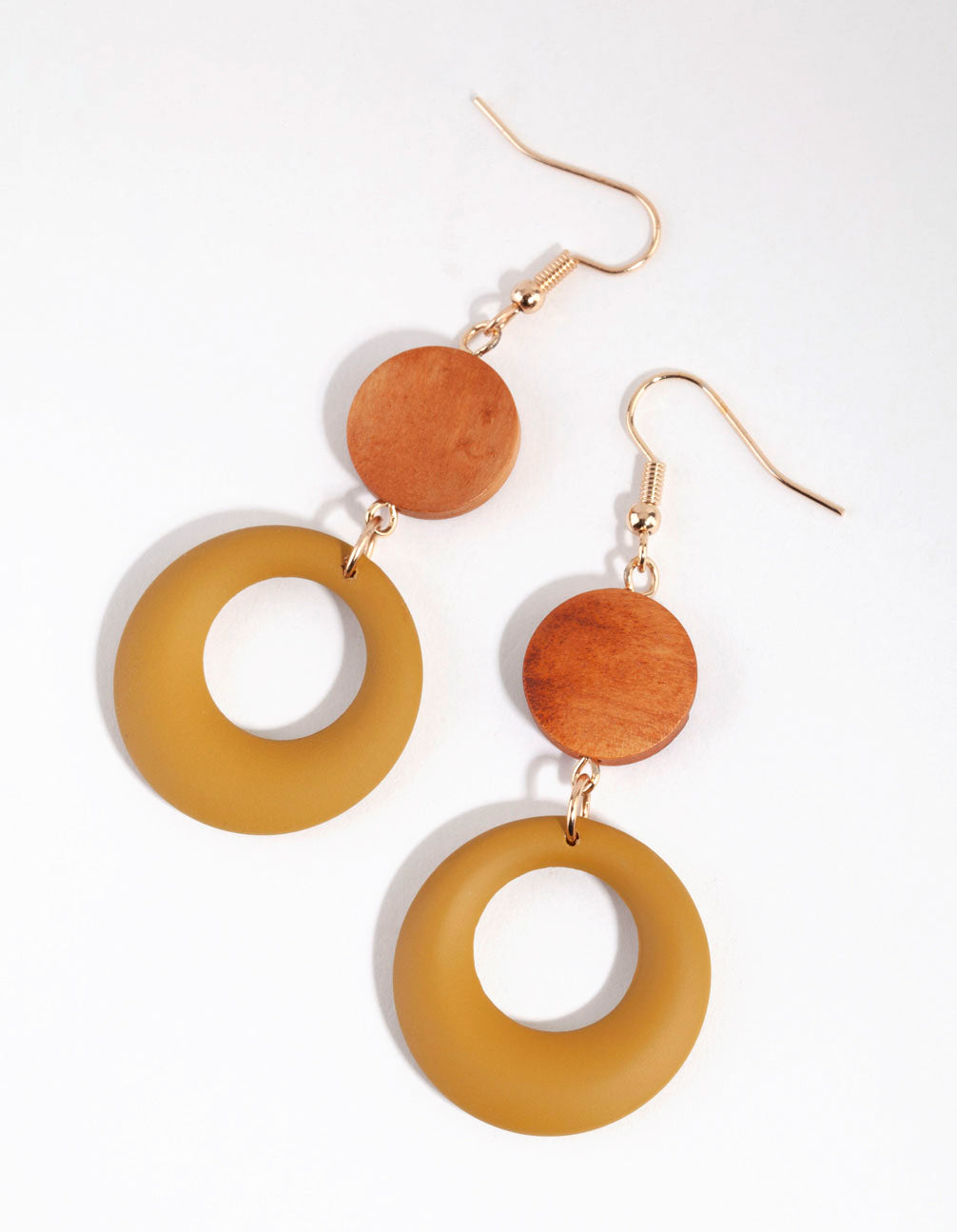 Showcasing wooden matte olive drop earrings with matte finish in sienna, goldenrod, peru and gold tones front view