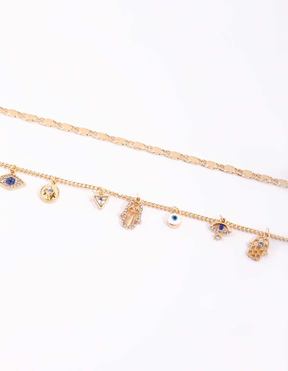 Gold Evil Eye,Hamsa & Chain Charm Anklet Pack