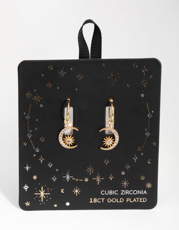 18ct Gold Plated Cubic Zirconia Moon & Star Earrings