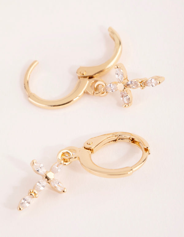 Gold Diamante Cross Huggie Earrings