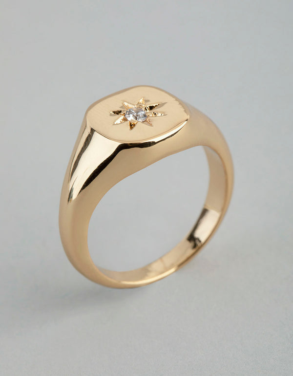 18ct Gold Plated Brass Cubic Zirconia Star Signet Ring