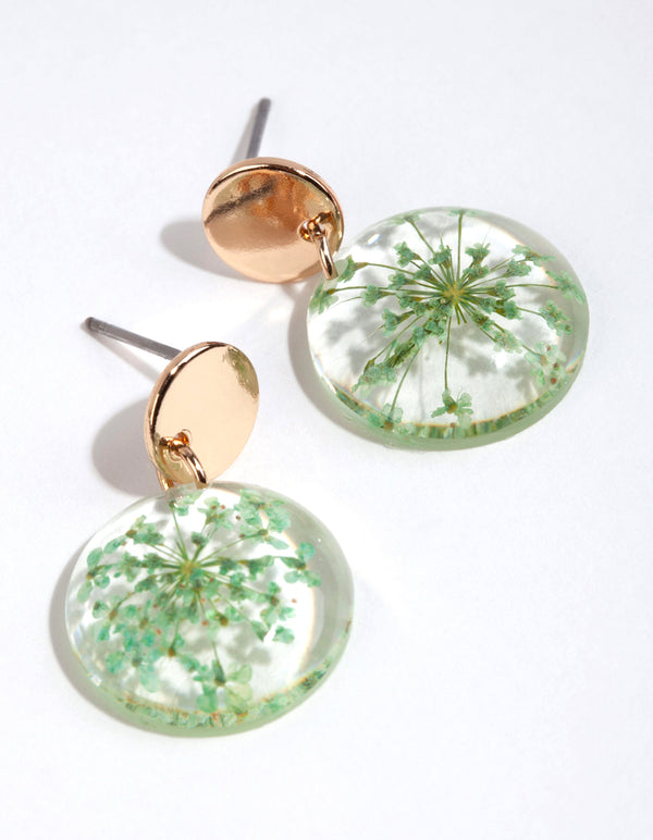 Turquoise Round Trapped Flower Drop Earrings