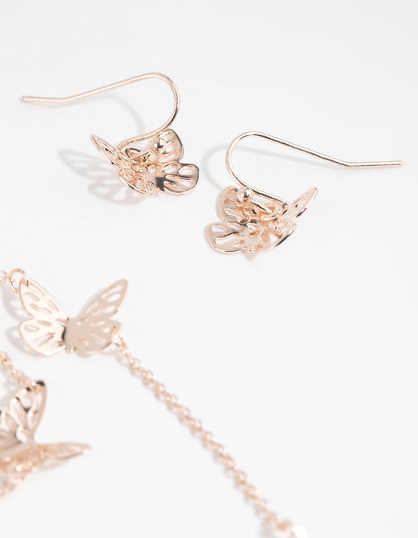 Rose Gold Cut Out Butterfly Necklace & Earring Set