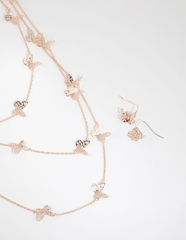 Rose Gold Cut Out Butterfly Necklace & Earring Set