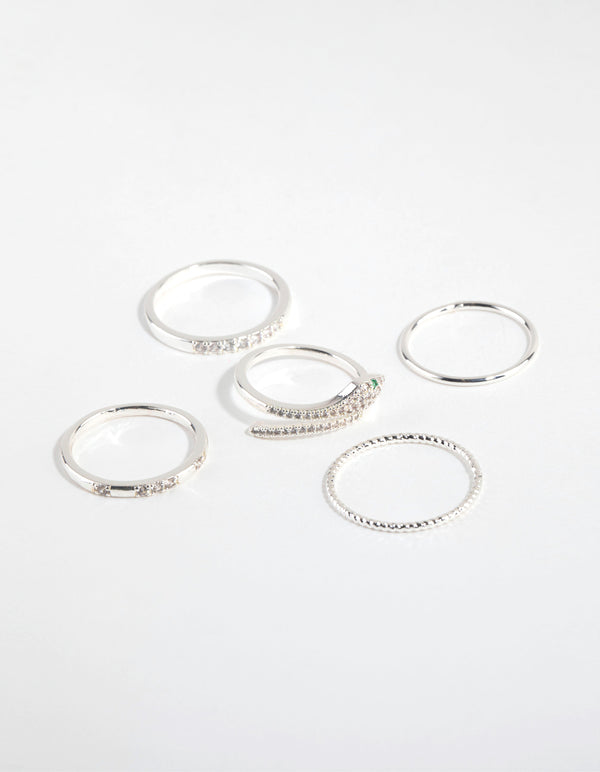 Silver Cubic Zirconia Snake Ring Pack