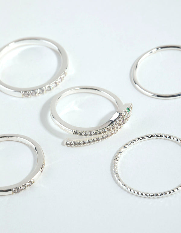 Silver Cubic Zirconia Snake Ring Pack