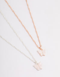 Mixed Metal White & Pink Butterfly Necklace Set - link has visual effect only