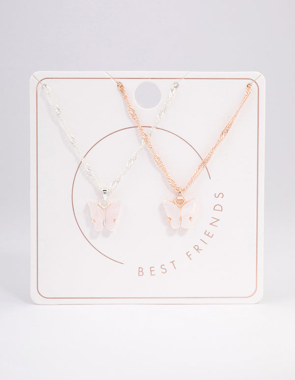 Mixed Metal White & Pink Butterfly Necklace Set